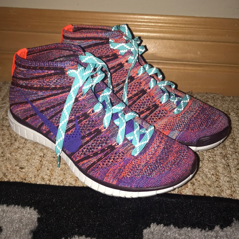Nike Women’s Multi-Color Flyknit Sneakers with Purple Swoosh - Picture 4 of 5
